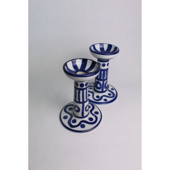 Vintage Dansk Blue & White Porcelain Candlestick Holders | Arabesque - Picture 4 of 10